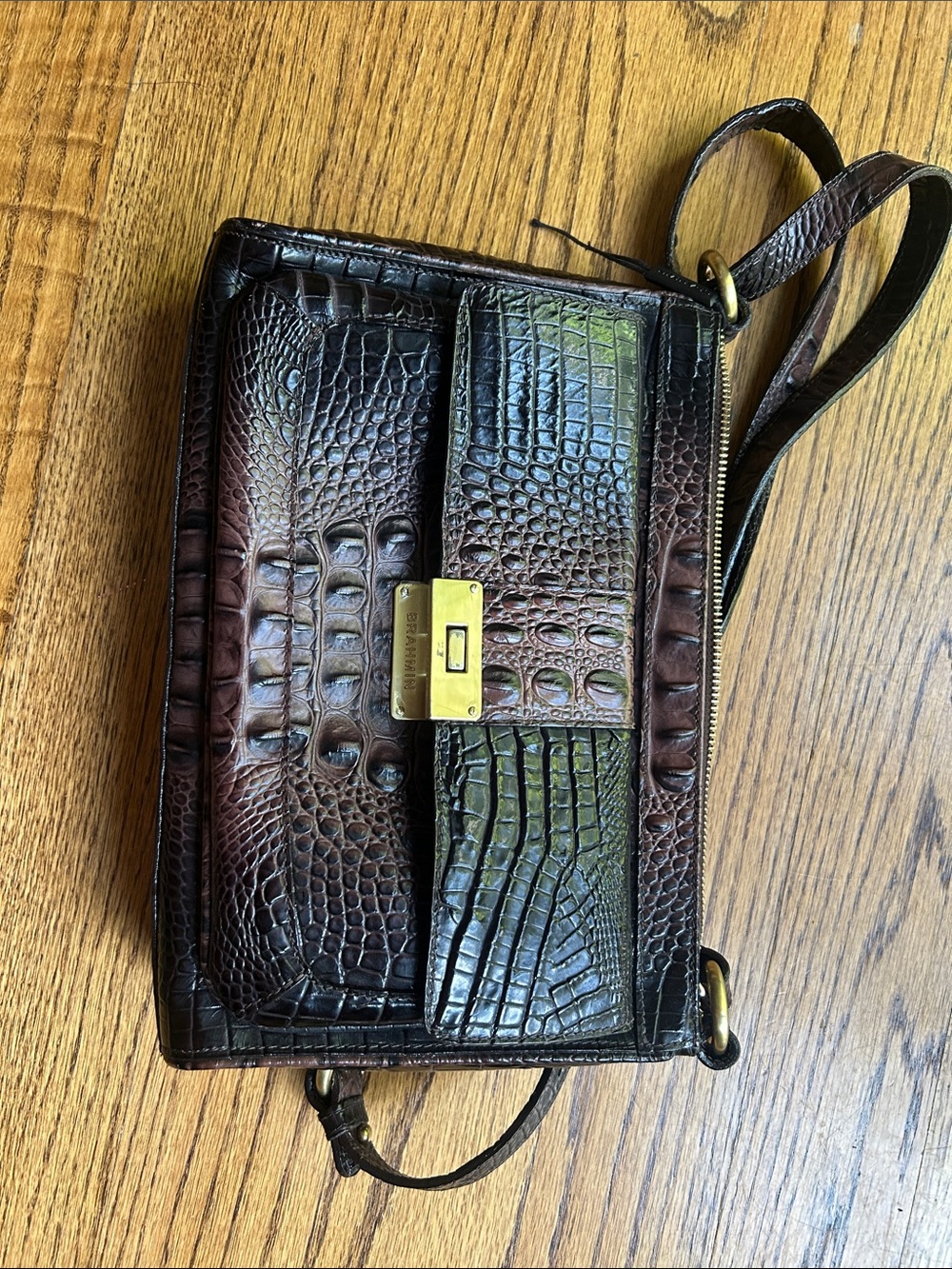 Brahmin Brown Croc-Embossed Leather Belt Bag with Gold Hardware